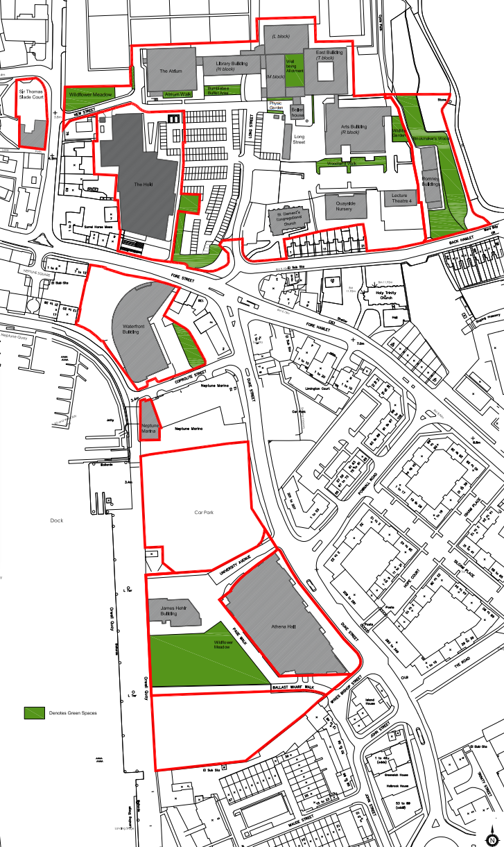 A map showing the green spaces around the Ipswich campus at the University of Suffolk