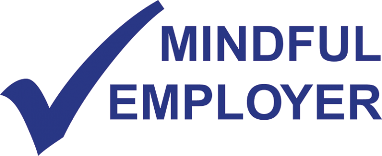 Mindful Employer Charter logo on white background with blue writing and a large tick