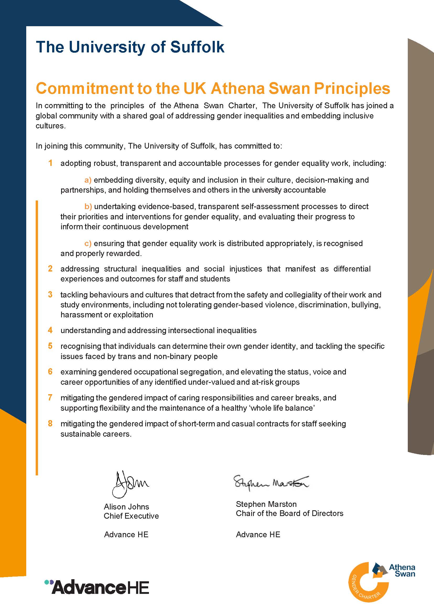 Certificate with copy outlining the UK commitment to the Athena Swan principles