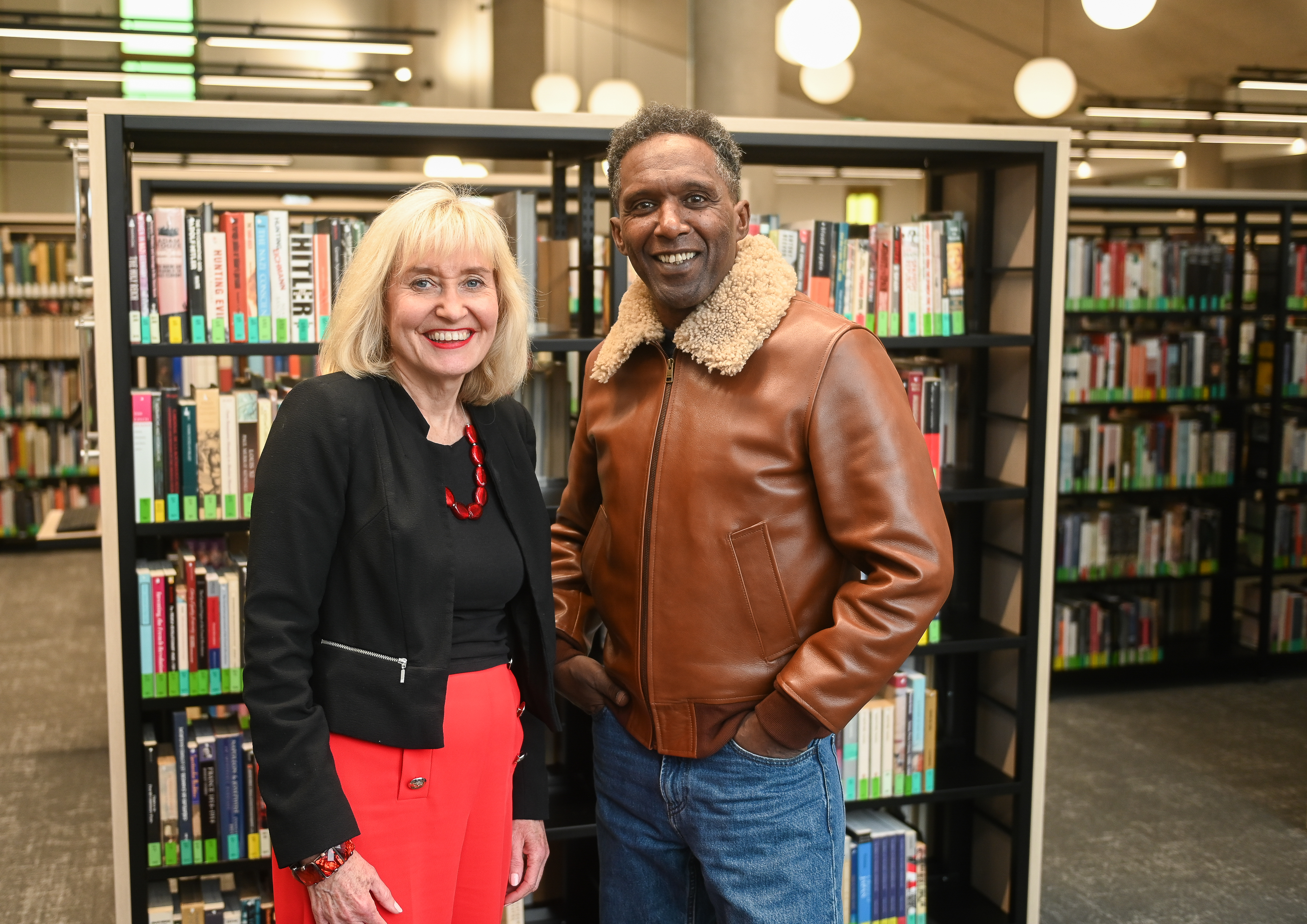 Professor Jenny Higham, Vice-Chancellor of the University of Suffolk, with award-winning poet Lemn Sissay